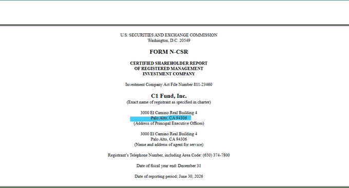 The image is the cover page of C1 Fund, Inc.'s Certified Shareholder Report (Form N-CSR) filed with the SEC for the period ending June 30, 2026, showing the fund's address at 3000 El Camino Real Building 4, Palo Alto, CA 94306, which contextualizes the post's details about the NYSE-listed digital asset closed-end fund (CFND) managed by C1 Advisors LLC.