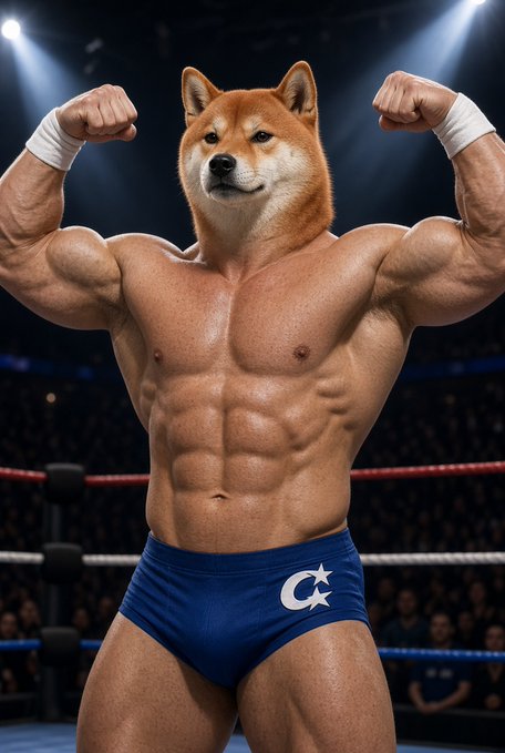 An AI-generated image of a muscular humanoid figure with a Shiba Inu dog head, flexing both biceps in a wrestling ring while wearing blue trunks featuring a white crescent and star.
