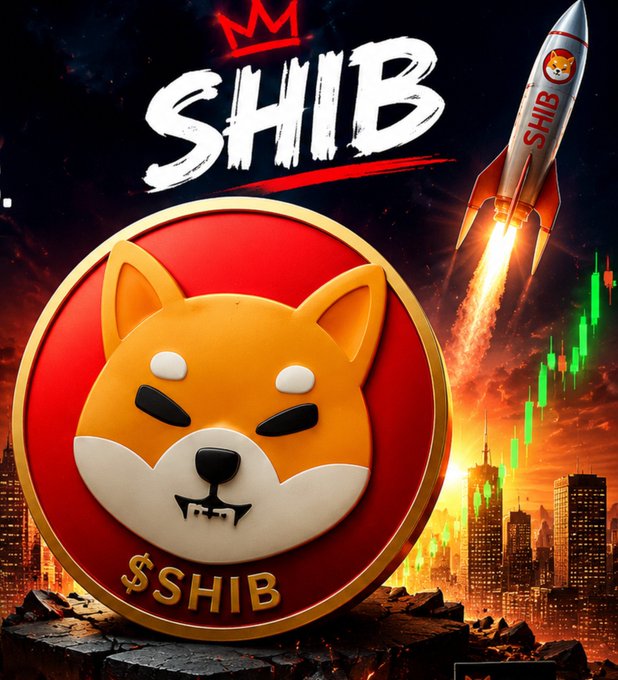 A promotional graphic for the Shiba Inu cryptocurrency shows a 3D Shiba Inu dog coin with '$SHIB' text, a rocket launching with a Shiba face, and a city skyline with green candlestick charts.