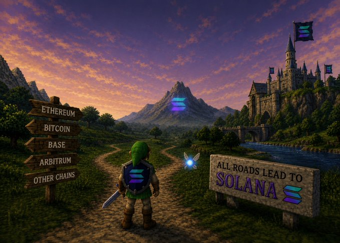 A character in a green tunic and shield bearing the Solana logo stands at a crossroads with signposts labeled "ETHEREUM," "BITCOIN," "BASE," "ARBITRUM," and "OTHER CHAINS," while a large sign reads "ALL ROADS LEAD TO SOLANA" beneath the Solana castle, illustrating the post's message that Solana is the ultimate destination over competing blockchains.