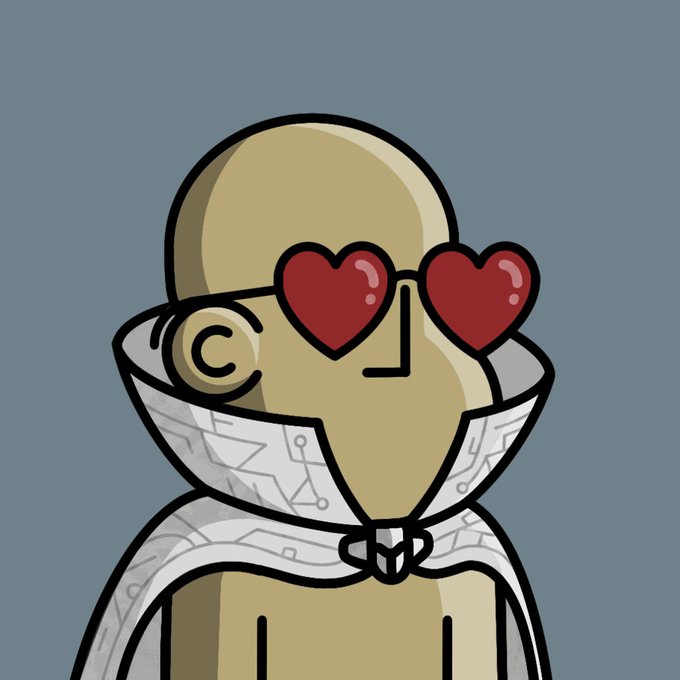 A minimalist cartoon illustration of a bald figure with heart-shaped red sunglasses, wearing a tech-patterned white collar against a gray background.