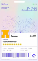 A BitRobot Lab membership card displays the username 'Banana' with the rank 'Network Pioneer' and a barcode, featuring the tagline 'The World's Open Robotics Lab'.