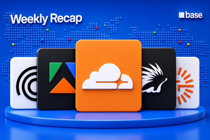 A 'Weekly Recap' graphic for Base featuring five square app icons displayed on a blue circular pedestal against a blue world map background.