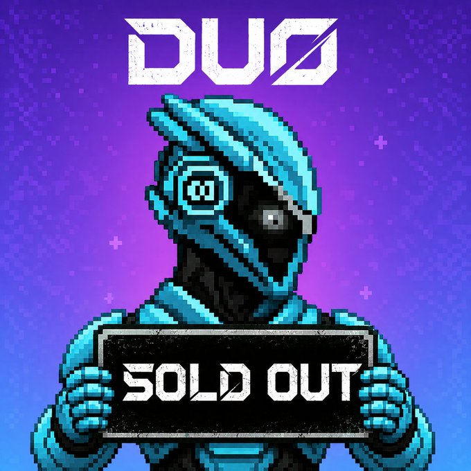 A pixel art illustration of a teal and black robotic character with glowing blue eyes holding a sign that reads "SOLD OUT" below the title "DUO" against a purple background.