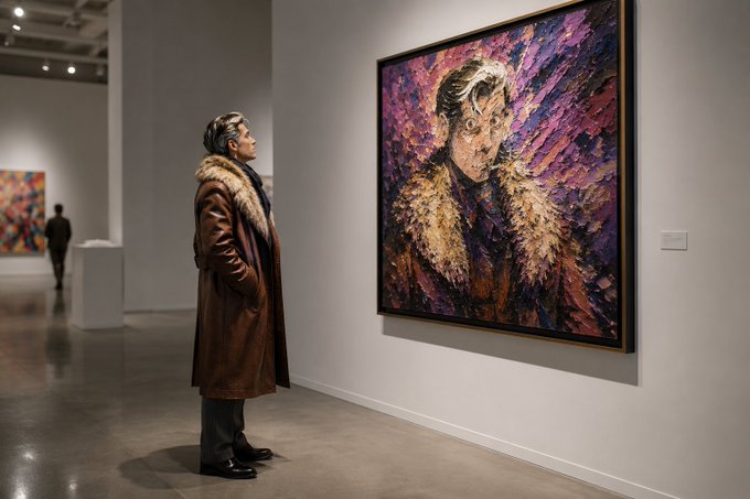 urns of gold and purple hues, a large painting on white walls, and two individuals in the background create an art gallery setting.