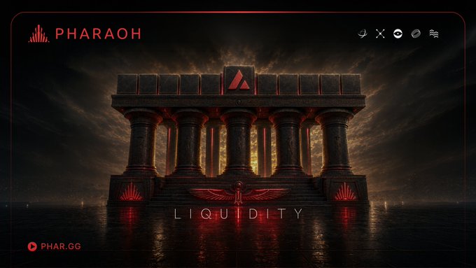 A promotional banner for PHARAOH LIQUIDITY on phar.gg, showing a dramatic temple-like structure with red accents and the text 'PHARAOH' and 'LIQUIDITY'.