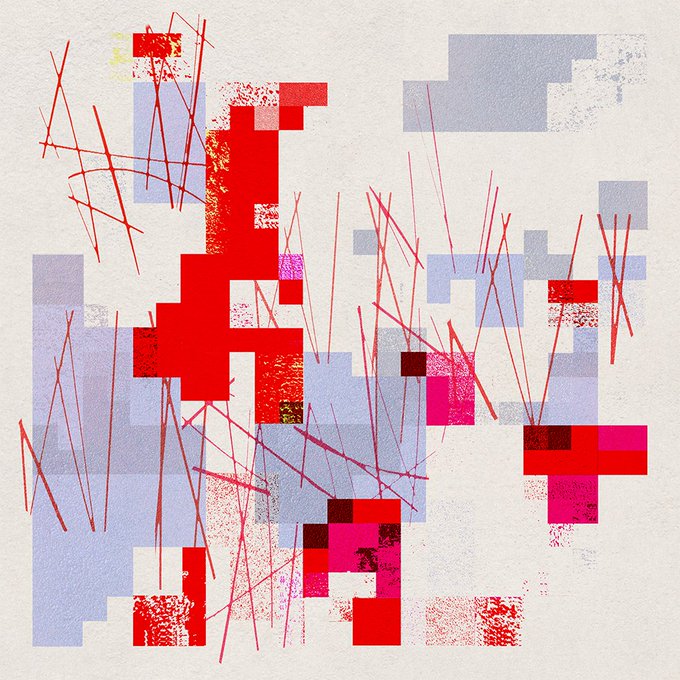 An abstract digital artwork composed of red, pink, and lavender rectangular shapes with thin red intersecting lines on a textured white background.