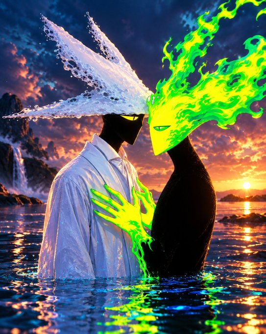 A surreal digital artwork depicting two figures standing in water at sunset—one with a head made of splashing water and a white robe, and another with a head and hands engulfed in bright green flames.