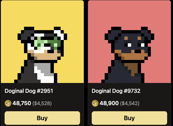 Two pixel art dog NFT listings displayed side by side: 'Doginal Dog #2951' on a yellow background priced at 48,750 DOGE ($4,528) and 'Doginal Dog #9732' on a red background priced at 48,900 DOGE ($4,542), both with Buy buttons.