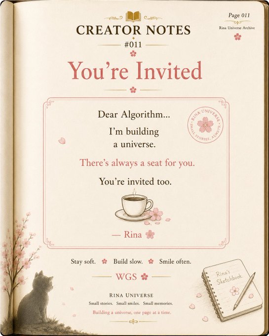 A decorative 'Creator Notes #011' journal page titled 'You're Invited' from Rina Universe, addressed to 'Dear Algorithm' with the message 'I'm building a universe' and signed '— Rina'.