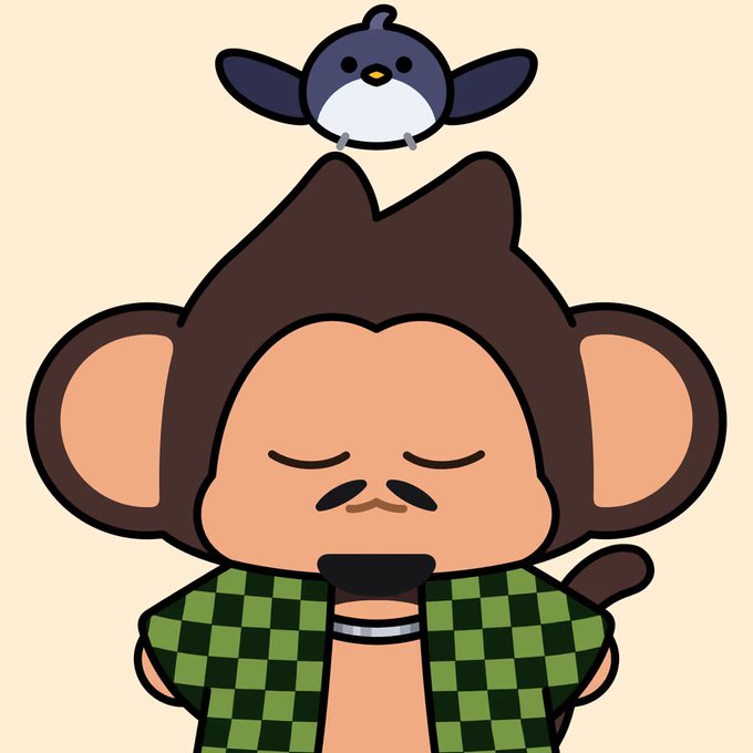 A cartoon illustration features a monkey character with closed eyes wearing a green checkered shirt, with a small blue bird perched on its head.