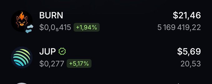 A cryptocurrency tracking app showing BURN at $21.46 (+1.94%) and JUP at $5.69 (+5.17%).