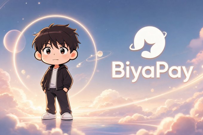 An anime-style illustration of a young boy with dark hair standing in a dreamy cloudscape, next to the 'BiyaPay' logo featuring a whale icon.