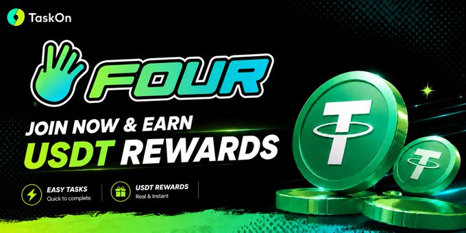 Promotional banner for the TaskOn x Four.meme campaign featuring the TaskOn and Four.meme logos alongside green USDT coin graphics, with bold text reading "FOUR - JOIN NOW & EARN USDT REWARDS" and smaller notes highlighting "EASY TASKS - Quick to complete" and "USDT REWARDS - Real & Instant," visually corresponding to the 500USDT rewards campaign running until Sep.16 at taskon.xyz/quest/569360455.