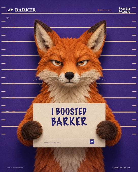 Barker 'I Boosted Barker' MetaMask promotional poster featuring a serious-looking 3D animated fox holding a mugshot-style sign against a purple lined background.