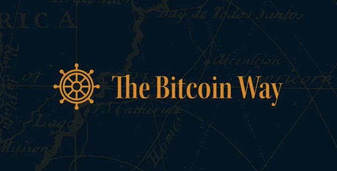 A banner for 'The Bitcoin Way' features a golden ship's wheel logo set against a dark blue map background with faded geographical labels.