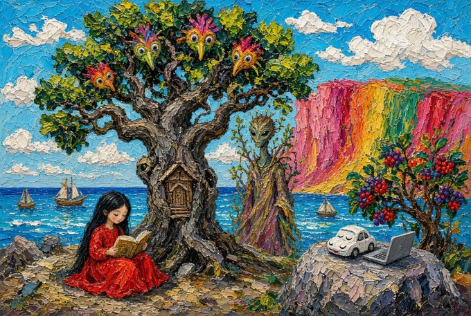 A colorful oil painting in the style of Van Gogh depicting a young girl in a red dress reading a book under a tree with whimsical bird-like creatures, a green troll figure, a rainbow waterfall, and a small white car with a laptop on a rock.