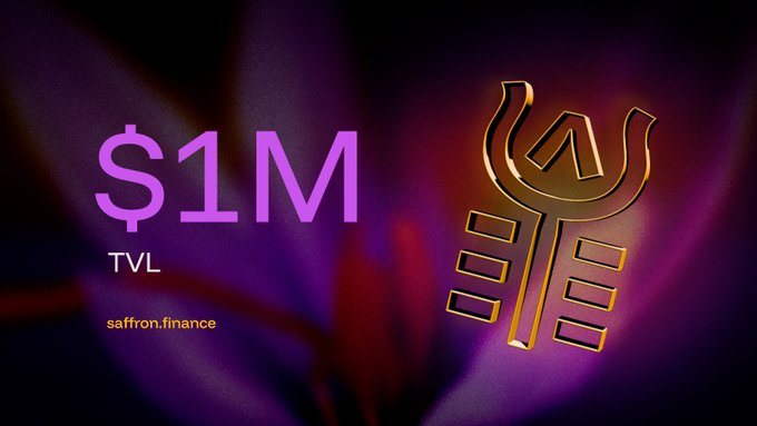 Promotional graphic for Saffron Finance showing '$1M TVL' in purple text alongside a gold caduceus-style logo on a dark purple background.