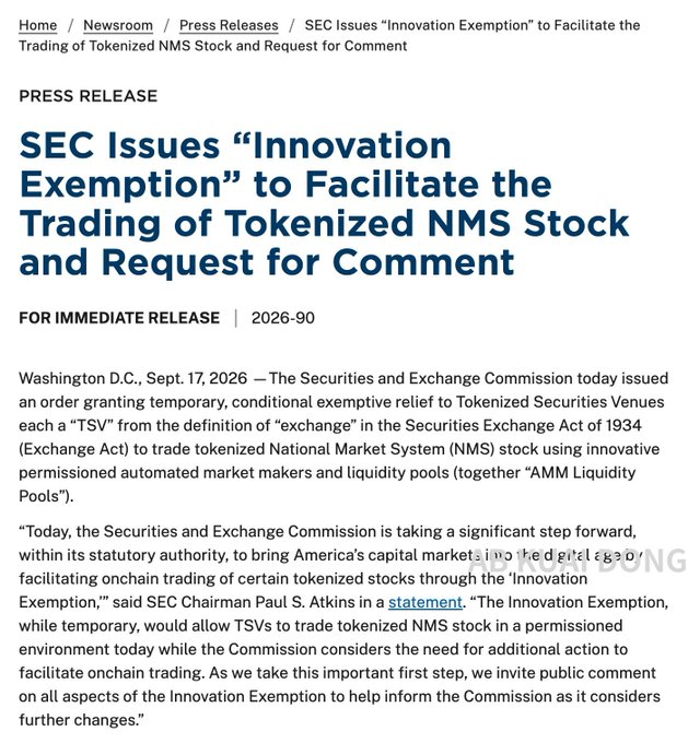 An SEC press release dated September 17, 2026 announces an 'Innovation Exemption' to facilitate trading of tokenized NMS stock, with a quote from SEC Chairman Paul S. Atkins.
