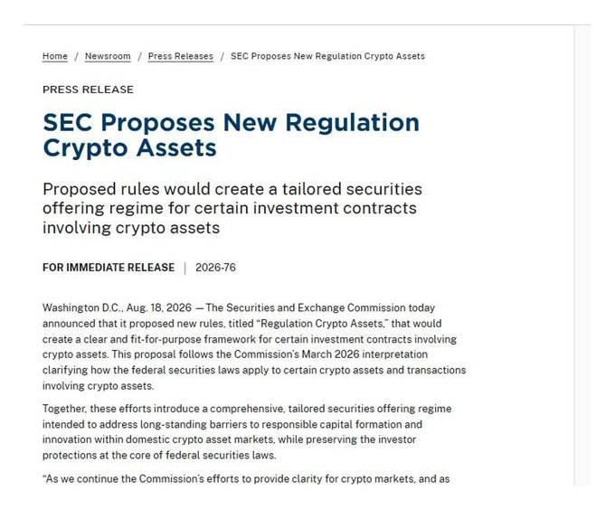 An SEC press release dated Aug. 18, 2026, titled 'SEC Proposes New Regulation Crypto Assets,' announcing proposed rules to create a tailored securities offering regime for investment contracts involving crypto assets.