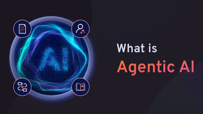 A presentation slide titled "What is Agentic AI" featuring a glowing blue and purple AI brain illustration surrounded by four icons: a document, a user profile with sparkles, an AI robot face, and a book.