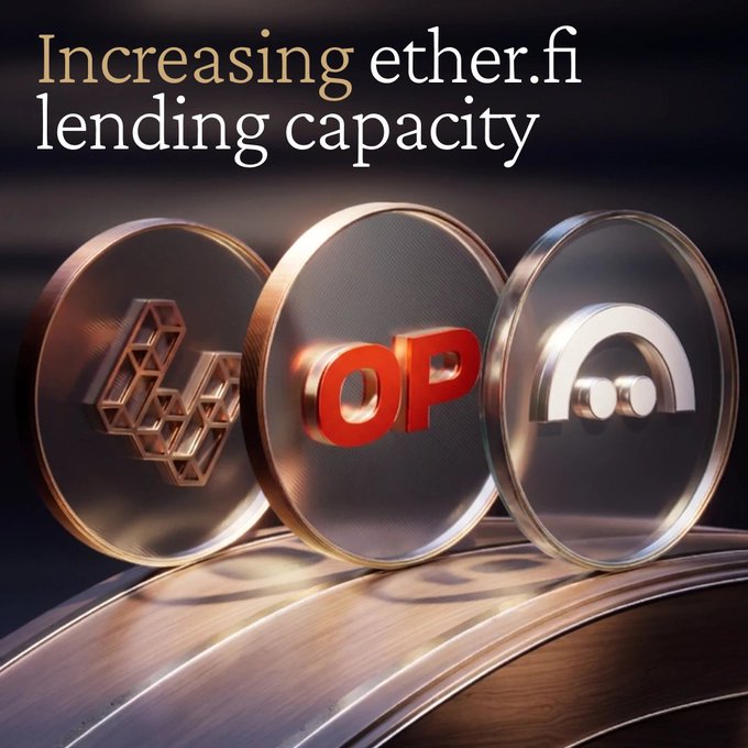 The image features three metallic circular emblems displaying the Aave logo, "OP" (Optimism), and the ether.fi logo, with the headline "Increasing ether.fi lending capacity." This visual reinforces the post's announcement of deploying a dedicated Aave V4 instance on Optimism to expand EtherFi Cash's borrowing power from $22M today to $500M by 2027.