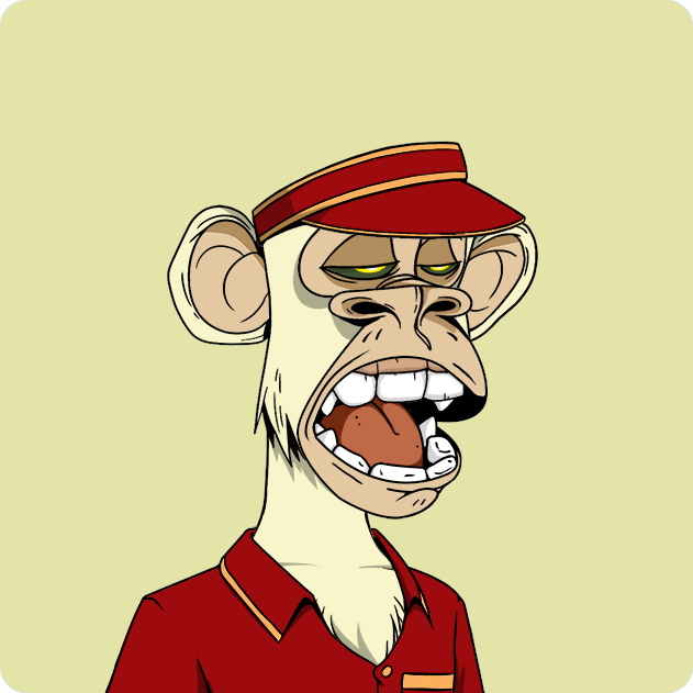 A cartoon Bored Ape Yacht Club (BAYC) NFT character with an exaggerated, grimacing expression wearing a red visor and polo, paired with a post expressing casual amusement over the BAYC drama and satisfaction with owning an ape regardless of its speculative value.