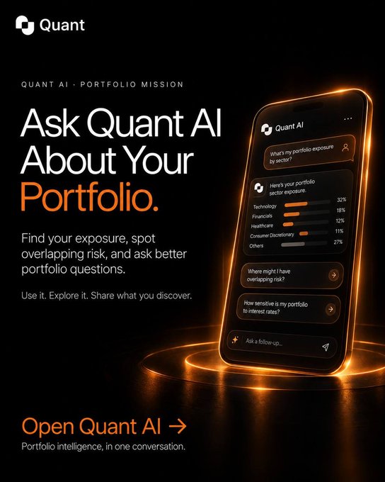 An advertisement for 'Quant AI' by Quant, reading 'Ask Quant AI About Your Portfolio' with subtext about finding exposure and spotting overlapping risk, showing a phone displaying portfolio analytics like Technology (32%), Financials (18%), Healthcare (12%), Consumer Discretionary (11%), and Others (27%).