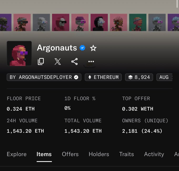 A screenshot of an NFT collection page for 'Argonauts' on the Ethereum blockchain, showing a floor price of 0.324 ETH, 24H volume of 1,543.20 ETH, and 2,181 unique owners.