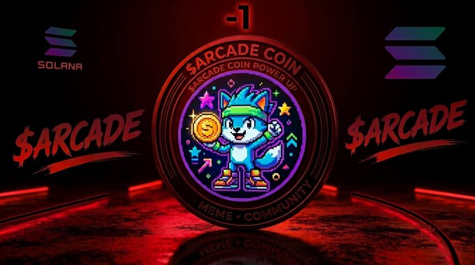 A promotional graphic for '$ARCADE COIN' featuring a pixel-art cat character holding a Solana coin, branded as 'SARCADE COIN POWER UP' and 'MEME • COMMUNITY' against a red neon background.