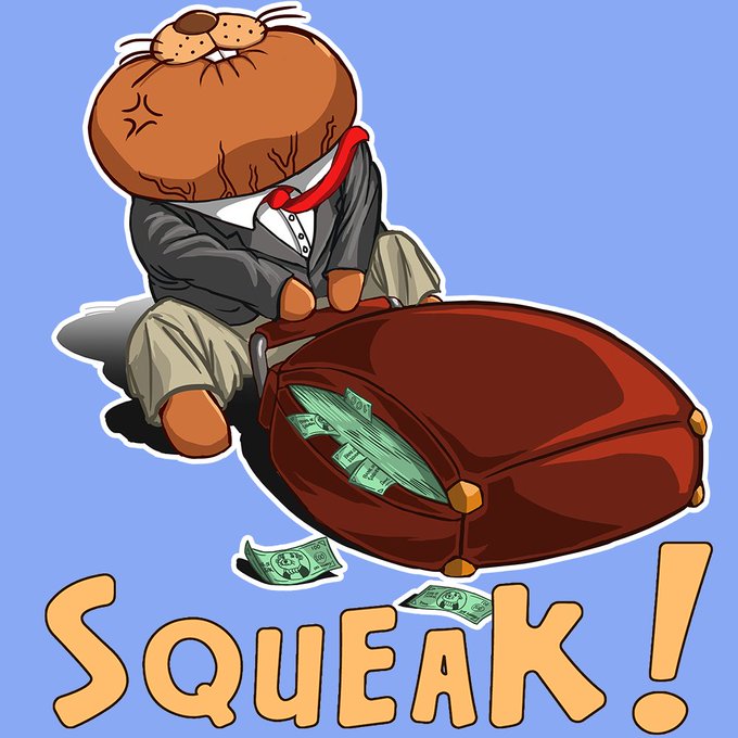 An illustration of an angry hamster in a suit opening a brown bag filled with cash with the word 'SQUEAK!' written below in orange text on a light blue background.