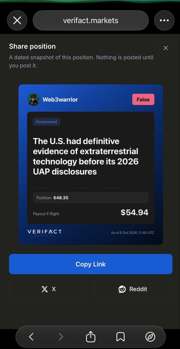 Screenshot of the Verifact Markets app showing a "Share position" feature for user "Web3warrior," who holds a position valued at $48.35 with a potential profit of $54.94 on the prediction that "The U.S had definitive evidence of extraterrestrial technology before its 2026 UAP disclosures," marked as "False." The accompanying post appears to be promoting a referral sign-up offer with a $30 bonus, while the image itself demonstrates the app's interface for sharing trading positions on social platforms like X and Reddit.