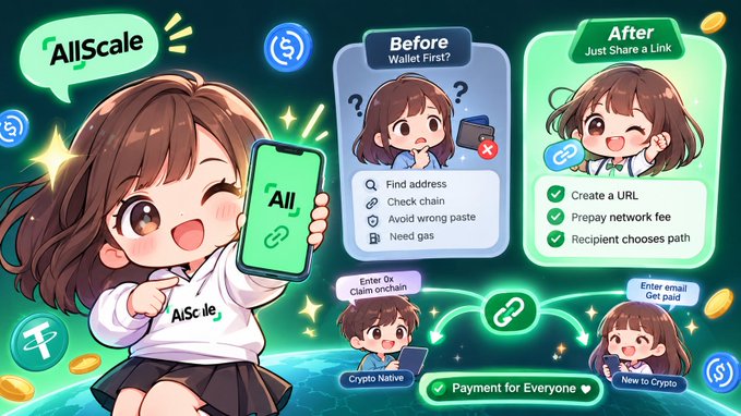 A promotional graphic for 'AllScale,' an anime-style cryptocurrency payment service, contrasting the 'Before' process (requiring wallet address, chain check, gas) with the 'After' process (just sharing a link), highlighting 'Payment for Everyone.'