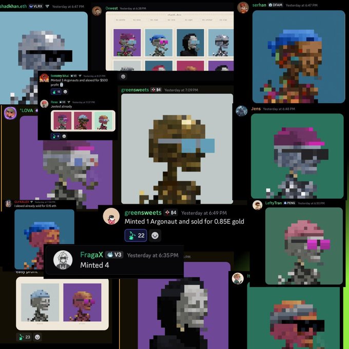 A collage of pixel-art character portraits and social media posts from users like 'hadkhan.eth', 'Gwest', and 'greensweets' showing minted NFT characters and trading activity.