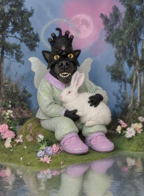 A surreal artistic image of a black cat with a crown, dressed in a sparkly pastel onesie and pink shoes, holding a white rabbit on a mossy mound by a pond.