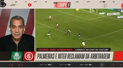 A FOX Sports broadcast shows soccer commentator Palmerias discussing a match, with a ticker at the bottom reading "PALMEIRAS 2 INTER RECLAMAM DE ARBITRAGEM."