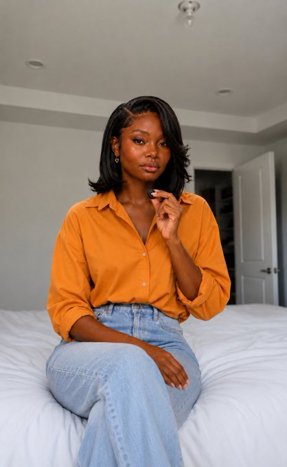 A young woman wearing a burnt orange button-down shirt and light blue jeans sits on a white bed, posing for a portrait in a bright room.