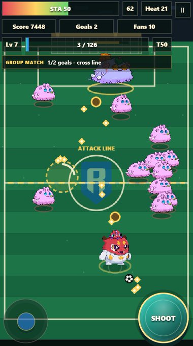 The image features an exciting soccer game displayed on a phone screen, with a green field and various pink and purple objects scattered across it. The text "In honor of the World Cup going on, I made an @AxieInfinity futbol mini-game where you try to score goals against Team Big-Yak!" is present in the image. This suggests that someone has created a fun and engaging mobile game related to soccer, encouraging players to compete against each other using their smartphones. The post also includes a link to the game for those who want to play or learn more about it.