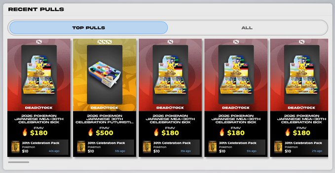 A 'RECENT PULLS' interface showing the 'TOP PULLS' tab with '30th Celebration Pack' items from Deadstock and FMEV, priced at $180, $500, and $180.