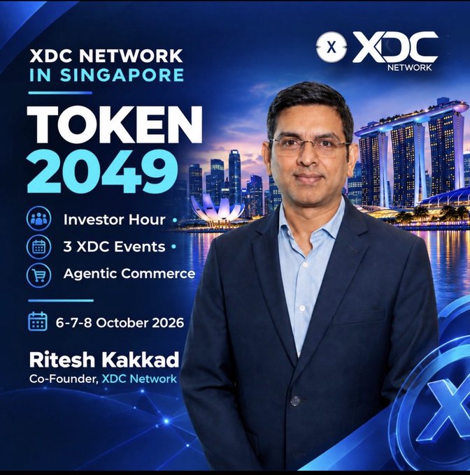 Promotional graphic for 'XDC Network in Singapore - TOKEN 2049' event on 6-7-8 October 2026, featuring Co-Founder Ritesh Kakkad with details for Investor Hour, 3 XDC Events, and Agentic Commerce, set against a Singapore skyline backdrop.