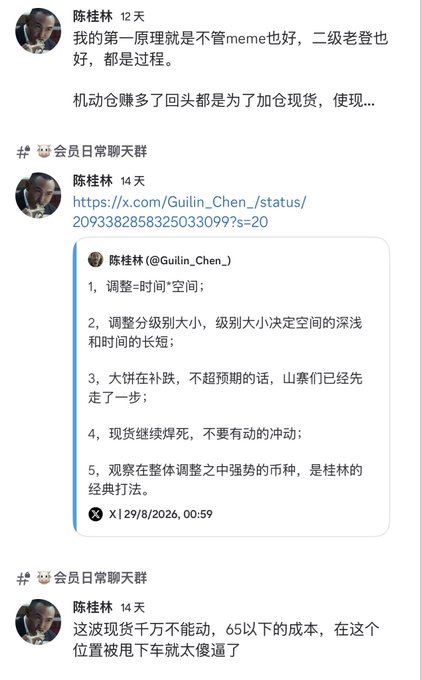 A screenshot of Chinese text messages from a user named 陈桂林 discussing investment strategies, including market timing, position sizing, and trading advice about spot markets and 'meme' coins.