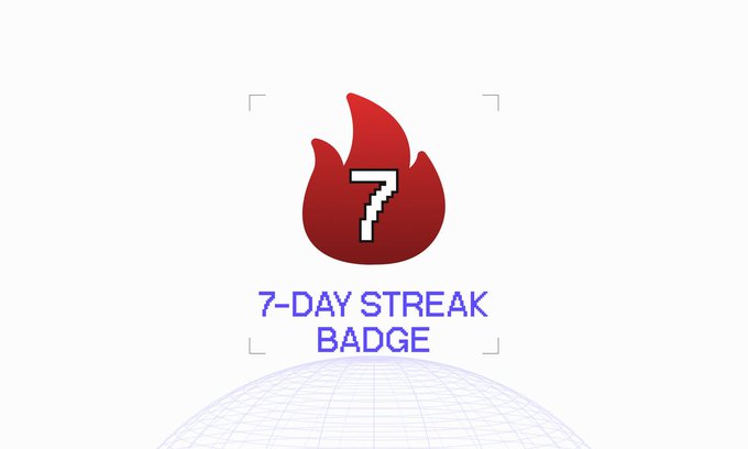 A digital badge graphic showing a red flame with a pixelated '7' inside, labeled '7-DAY STREAK BADGE' in blue text on a light background with a wireframe globe.