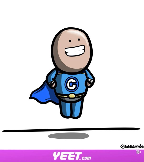 A cartoon superhero bean character wearing a blue suit with a copyright "C" emblem and flowing cape hovers above the "YEET.com" logo (marked 18+). The whimsical "Crypto Kid" mascot fits the post's theme of crypto market coverage, symbolizing the heroic or speculative nature of digital assets like BTC and ETH mentioned in the daily market update.
