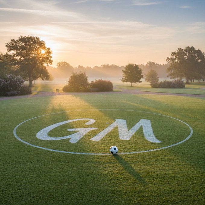 A soccer ball rests at the center circle of a lush green field emblazoned with the "GM" letters, bathed in golden morning sunlight with a misty park landscape in the background, symbolizing the "start strong this Monday" motivation behind the post's call to action.