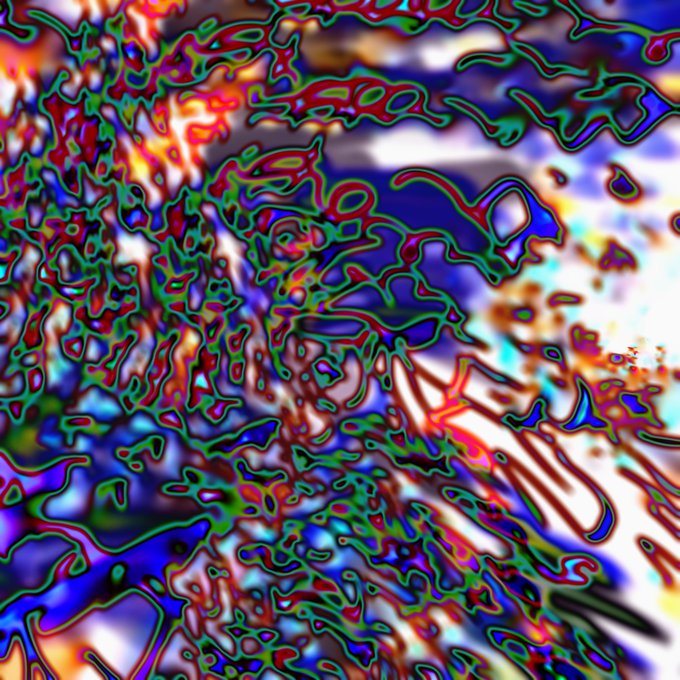 An abstract digital artwork featuring swirling, distorted patterns in vibrant blues, reds, greens, and purples with fluid, organic shapes.