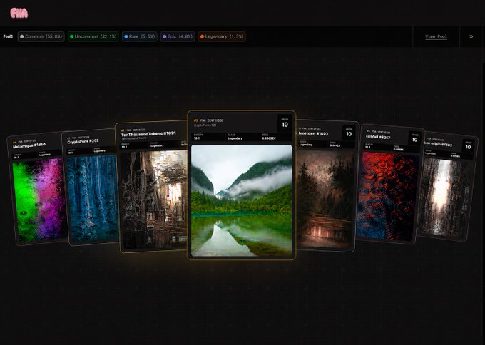 A screenshot of a digital NFT gallery displaying multiple cards, with rarity categories like "Common (55.8%)" and "Legendary (1.5%)" at the top, showcasing various photographs and artworks.