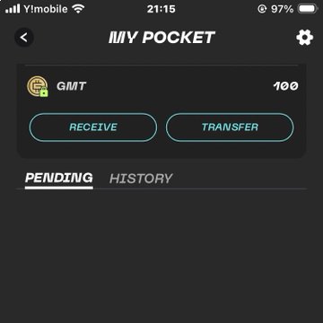 A mobile app screenshot of 'MY POCKET' showing a GMT token balance of 100, with options to 'RECEIVE' or 'TRANSFER' and a pending transactions tab.