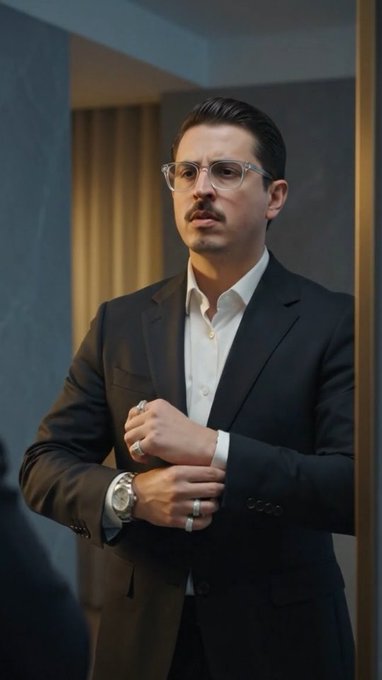 A well-groomed man with a mustache and clear-framed glasses wearing a black suit and white shirt, adjusting his sleeves to reveal a silver watch and rings.