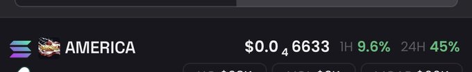 A cryptocurrency ticker for 'AMERICA' showing a price of $0.0₄6633, with a 1H change of 9.6% and 24H change of 45% in green.