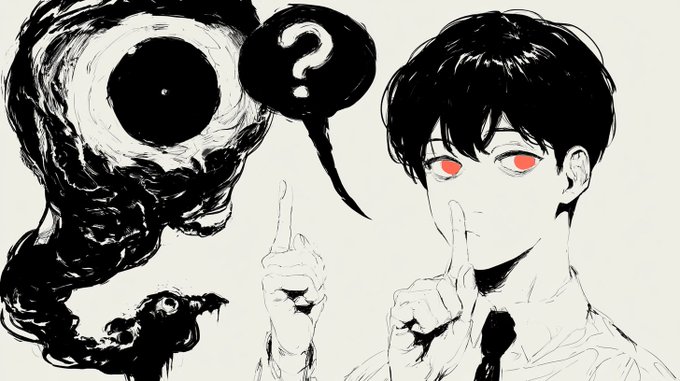 A black and white illustration shows a dark, swirling monstrous figure with a large eye-like void on the left, contrasted with a dark-haired young man on the right who has striking red eyes and holds a finger to his lips in a silencing gesture. A speech bubble containing a question mark appears between them.